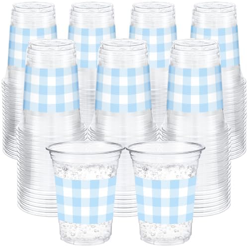 100 Pcs Blue Gingham Plastic Cups for Party Supplies, 12 oz by Ferrochef