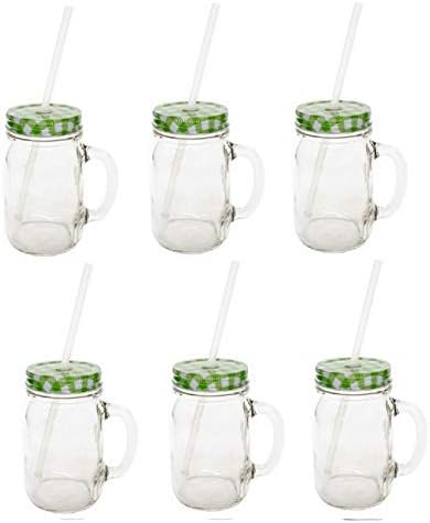 Sunshine Mason Co. Glass Mason Jar Drinking Mug set with handle, Green Gingham lids and Clear Straws, Set of 6 by Sunshine+Mason+Co.