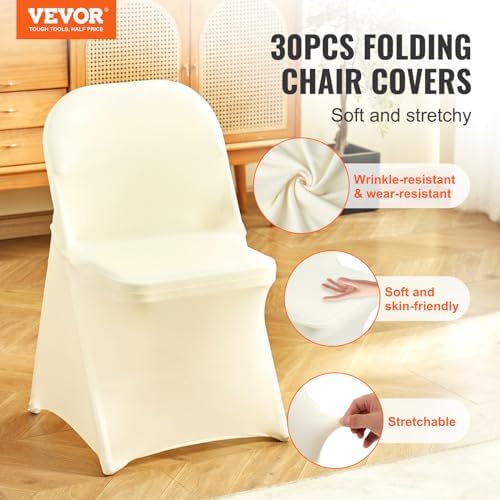VEVOR Stretch Spandex Folding Chair Covers, Universal Fitted Chair Cover, Removable Washable Protective Slipcovers, for Wedding, Holiday, Banquet, Party, Celebration, Dining (30PCS Ivory White) - Image 2