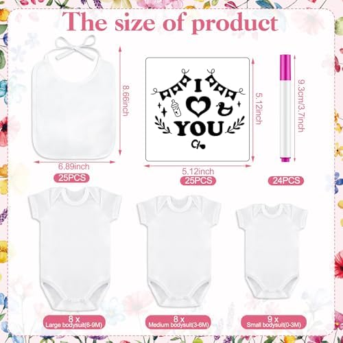 Panitay 100 Pcs White Baby Bodysuits Bibs Kit 25 Guests, Flower - Image 3