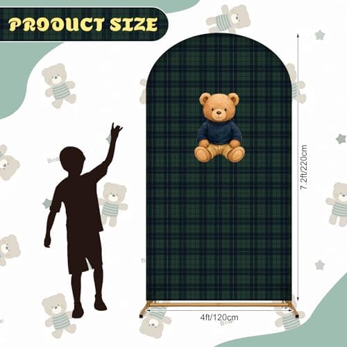 VitalCozy 7.2ft Tartan Plaid Baby Shower Bears Arch Backdrop Cover Vintage Green Birthday Party Decoration Bears Preppy Supplies for Baby Shower Theme Welcome Guest Party Decor - Image 2