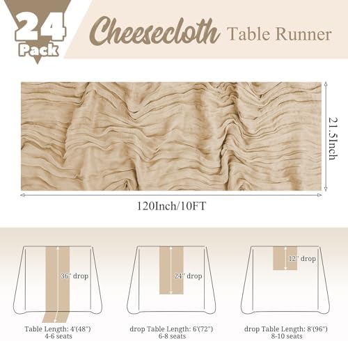 24 Pack Beige Table Runner 10Ft Cheesecloth Table Runner Rustic Gauze Table Runners Romantic Long Sheer Fabric Cheese Cloth Table Runners for Wedding Party Bridal Baby Shower - Image 2