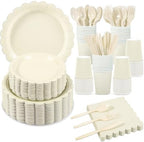 50 Set Disposable Dinnerware Sets Ivory Scalloped Plates Napkins by Xiangqu