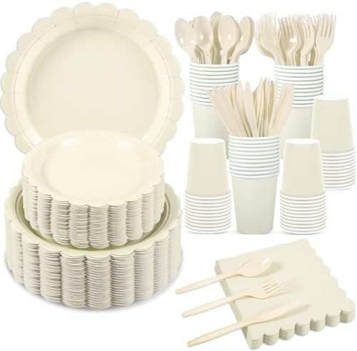 50 Set Disposable Dinnerware Sets Ivory Scalloped Plates Napkins by Xiangqu