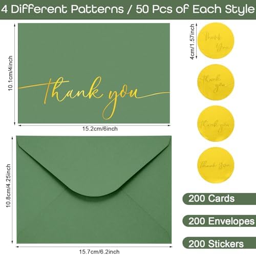 Motiskyy 200 Set Thank You Cards with Envelopes, 4x6 Gold Foil Blank,Green - Image 2