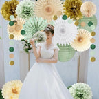 Sage Green Tissue Paper Party Decor Set, Paper Fans Pom Poms Lanterns Dot Garland for Baby Shower - Image 4