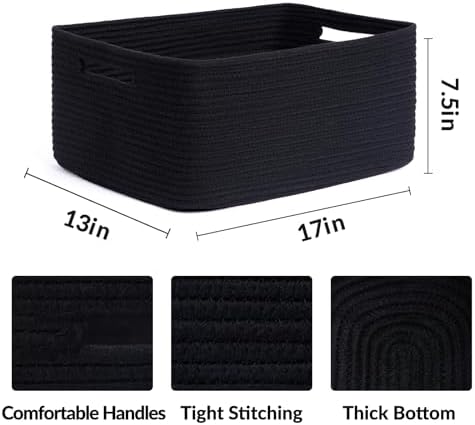MiniArk Large Storage Baskets for Shelves, 17 x 13 x 7.5” Closet Organizers Bins for Clothes Blanket Towels, Baby Nursery, Toy Baskets Box, Woven Rope Baskets, 3 Packs Black - Image 2