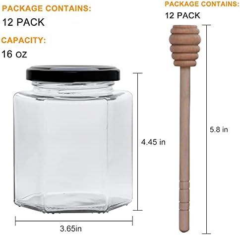 12 Pack 16 oz Hexagon Glass Honey Jars with Black Lids - Image 2