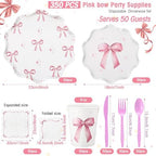 Ziliny 350 Pcs Bow Pink Party Supplies Tableware Set Disposable 9'' 7'' Paper Plates 9 oz Cups Cutlery Napkins Dinnerware Set for 1st Birthday, Serve 50 (Bow, Pink) - Image 2