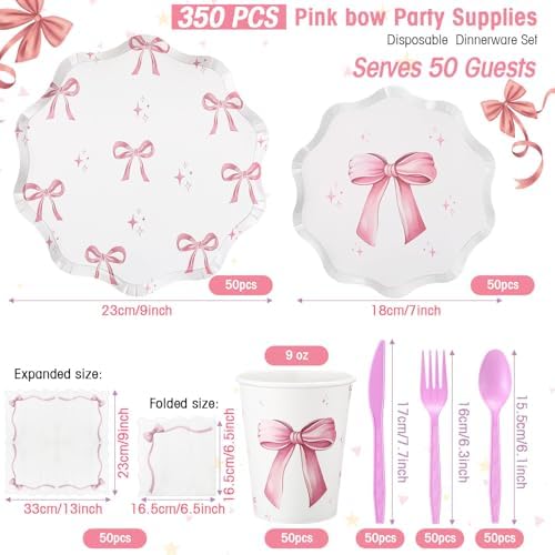 Ziliny 350 Pcs Bow Pink Party Supplies Tableware Set Disposable 9'' 7'' Paper Plates 9 oz Cups Cutlery Napkins Dinnerware Set for 1st Birthday, Serve 50 (Bow, Pink) - Image 2