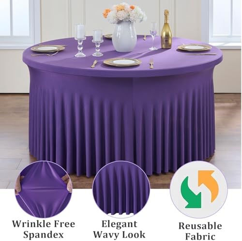6 Pack Purple Spandex Round Tablecloths for 60 inch Table, Wrinkle Free Stretchy 120inch Fitted 5FT Round Table Cover Cloths with Skirt for Wedding Party Dining Banquet - Image 4