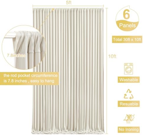 6 Panels Beige Backdrop Curtain for Baby Shower Wrinkle Free 30ft x 10ft Backdrop Drapes Panels for Parties Wedding Bridal Shower Birthday Photo Photography Fabric Background Decoration - Image 5