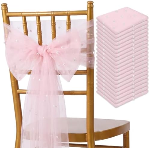 VitalCozy 100 Pack Pink Pearls Vintage Chair Sashes with Bows Wedding Decor by VitalCozy