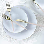 Luxe Party 128 Pieces Two Tone Plastic Disposable Cutlery | Forks-Spoons-Knives | Full Size | Chic Round | Linen and Gold - Image 5
