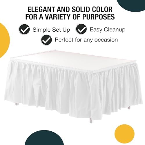 Exquisite White Table Skirt 12 Pack - Disposable Plastic Table Skirts for Rectangle Tables 6ft 8ft & Round Tables - 29in x 14ft Self-Adhesive Strip - Birthday Wedding Gender Reveal Decor - Image 2