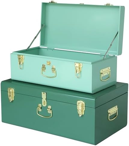 Vixdonos Decorative Large Metal Box Storage Trunk Chest Set of 2 College Dorm Organizer with Hardware Hasps and Handle for Home Deocr,23.7X14.2X9.5 Inches by Vixdonos