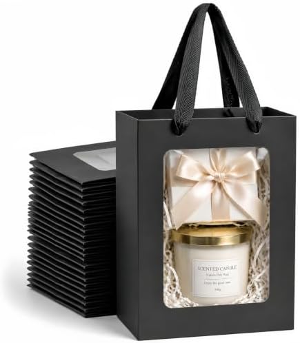 VAGREEZ 30-Pack Gift Bags with Clear Window, Reusable Small Medium Kraft Transparent Window Paper Bags with Handles in Assorted Colors and Bulk Pack for Party, Wedding, Birthday and Small Business, Black / Small by VAGREEZ