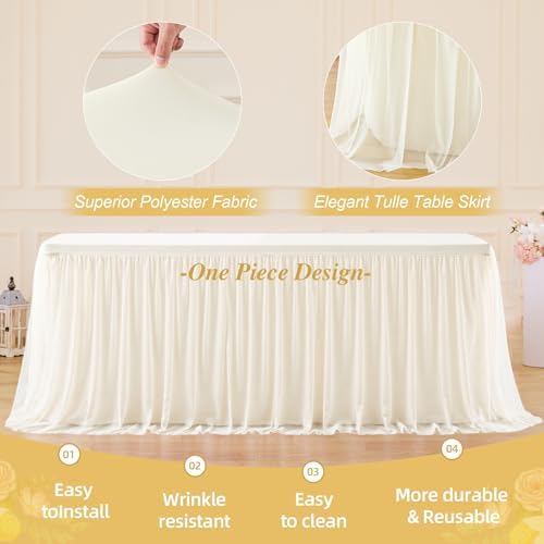 Wish Care Ivory Tulle Tablecloth for 8 Foot Rectangle Tables Stretch Fitted Rectangular Table Cloths Wrinkle Free Ruffle Elastic Table Cover Tutu Skirt for Wedding Birthday Party Baby Shower Cake - Image 4