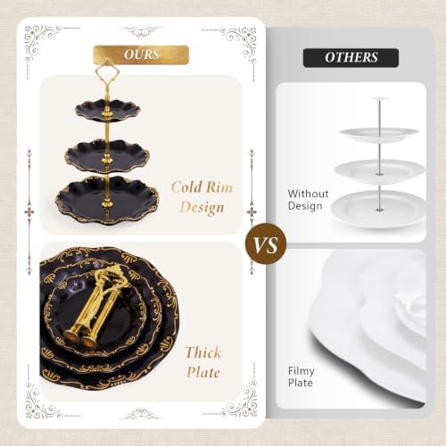 10 Pcs Cupcake Stand,Dessert Table Display Set with Gold Rim,3 x Three-Tier and 3 x Two-Tier Cake Stands,4 x Appetizer Serving Trays for Birthday, Wedding, Baby Shower,Tea Party (Black) - Image 5