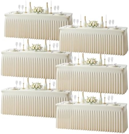 Beige Table Cloth for 6 Foot Rectangle Tables Fitted Stretch Spandex Table Cover with Skirt 6ft Baby Shower Birthday Party Banquet Ruffle Beige Tablecloth Wedding Table Cloths Desk Skirt, 6 Pack by LittleFunny