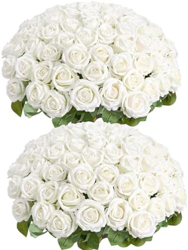 Auihiay 64PCS White Roses Artificial Flower, Fake Silk Roses by Auihiay