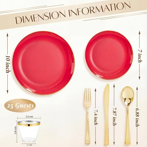 WDF 150Pcs Red Plastic Plates - Red Plates Disposable 25Guest Dinnerware Include 25 Dinner Plate, 25 Dessert Plate, 75 Cutlery & 25 9oz Cups for Wedding/Birthday/Bridal Shower - Image 2