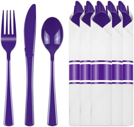 30 Pack Pre Rolled Purple Plastic Silverware with Napkins by PYNTOP