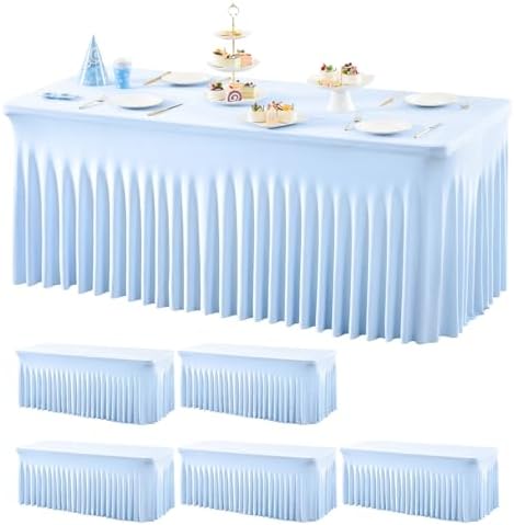 Wish Care 6 Pack Baby Blue Stretch Spandex Table Clothes for 4 Foot Rectangle Tables, 4FT Wrinkle Free Fitted Tablecloths Ruffles Design Table Cover for Party, Banquet, Wedding and Events by WishCare