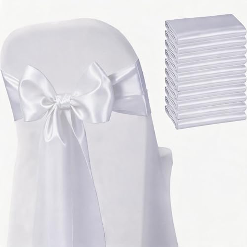 Satin Chair Sashes Bows 50 Pack Universal Polyester Chair Ribbons for Wedding Anniversary Retirement Party Birthday Engagement Banquet Graduation Outdoor Events Decor (White, 50 pcs) by JKDMJF