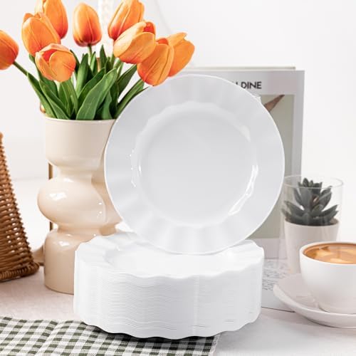 72 Pack White Plastic Plates, 7" Disposable Wave Edge Dessert Plates - Image 3