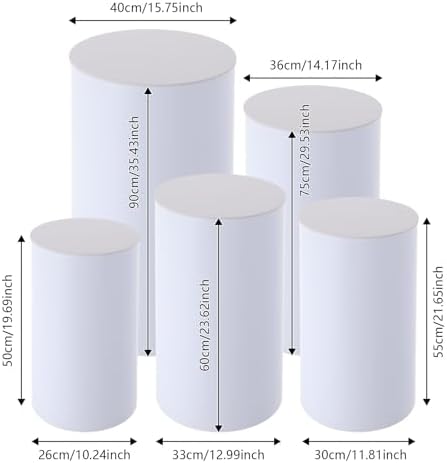 5PCS White Round Cylinder Pedestal Stands Display 19.7''+21.6''+23.6''+29.5''+35.4'' Height PVC Cylinder Tables for Party Cake Flower Backdrop Dessert Pillars for Birthday Wedding Baby Shower Event Decoration - Image 2