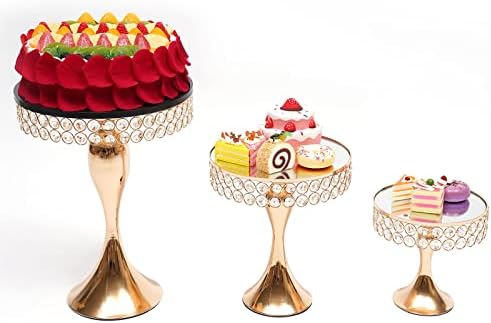 3 Piece Set Gold Crystal Cake Holder Wedding Dessert Metal upcake Stand Set with Mirror Plate Birthday Party Decorations for Tables by SanBouSi