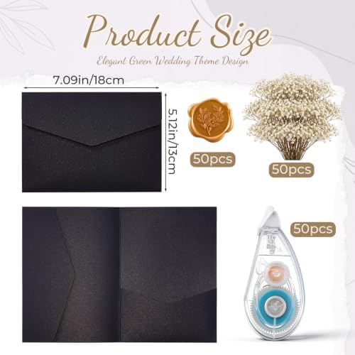 50 Set Wedding Invitation Kits Trifold Pockets,Black,Gold - Image 2