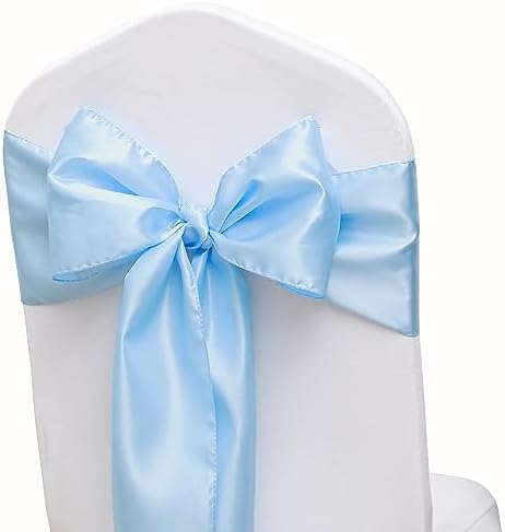 Pack of 50 Satin Baby Blue Chair Sashes Bows 7 X 108 Inch Universal Gold Chair Ribbons for Wedding Ceremony Party Banquet Event Chair Decorations - Baby Blue Chair Sashes 50 Pack - Image 2