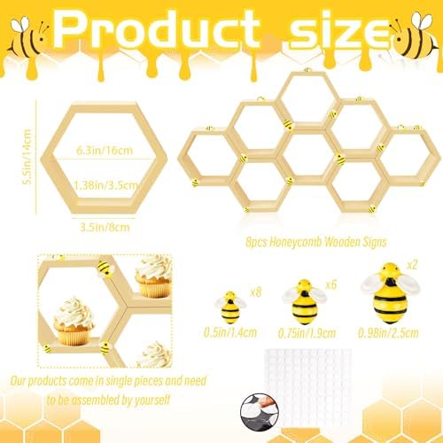 8 Pcs 5.5 Inch Honeycomb Cupcake Stand Cake Farmhouse Hexagon Display Holder Hexagonal Wood Cupcake Stand Floating Table Sign with Wooden Bee for Baby Shower Birthday Party Table Decorations - Image 3