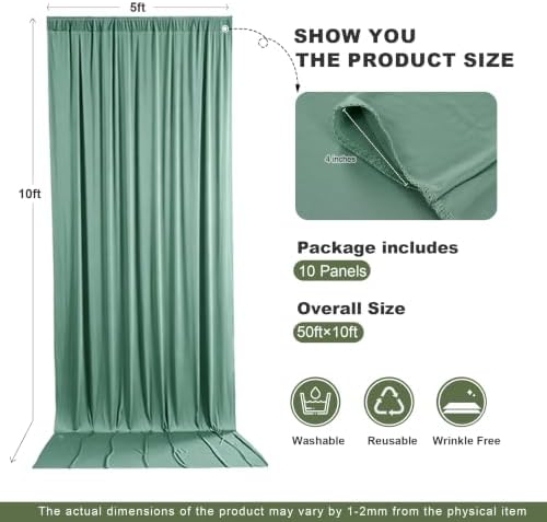 gogoparti 50x12ft Sage Green Backdrop Curtain, 10 Panels 5x12ft Thick Wrinkle-Free Polyester Fabric, Professional Photography Background for Wedding, Birthday, Baby Shower, Bridal Shower - Image 6