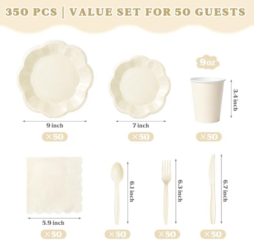 Vyntra Ivory Paper Plates, Cups & Napkins, 350 Pcs Scalloped Party Set - Image 2