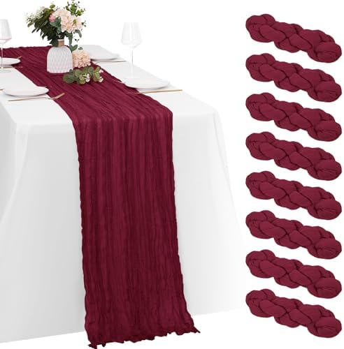 8 Pack Burgundy Cheesecloth Table Runners 20x120 Inch Gauze Table Runner 10FT Easter Cheese Cloth Table Runner Rustic Sheer Runner for Wedding Baby Shower Birthday Party Table Decor by Yorcari