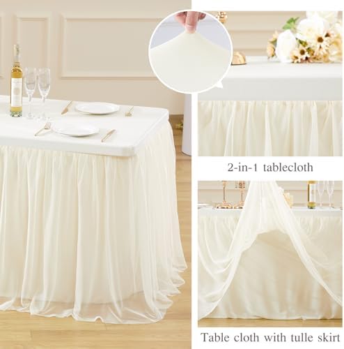 Ivory Tablecloth Rectangle 6 Foot Stretch Fitted Elastic Tulle Ruffle Tablecloths Rectangular Spandex Table Covers 6ft Birthday Baby Shower Party Wedding Ivory Table Cloth Rectangle with Skirt - Image 5