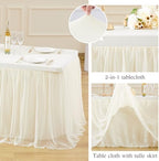 Ivory Fitted Tablecloth Rectangle 6 Foot Stretch Elastic Tulle Ruffle Tablecloths Rectangular Spandex Table Covers 6ft Birthday Baby Shower Party Wedding Table Cloths with Skirt 4Pack - Image 6