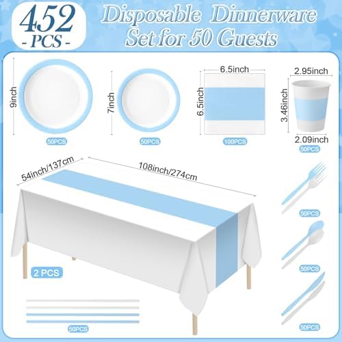Funnymoom 452 Pcs Light Blue and White Party Decoration Supply for 50 Guest - Image 3