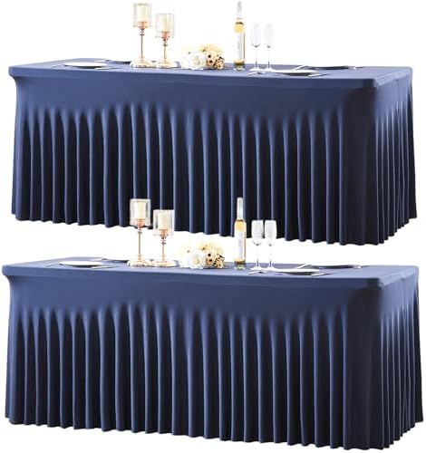 2 Pack 6ft Navy Blue Spandex Table Cloths for Rectangle Tables Wrinkle Free Rectangle Tablecloths, Stretch Fitted Table Cover with Skirt for Birthday Party Wedding Banquet Baby Shower Buffet Event by Suppromo