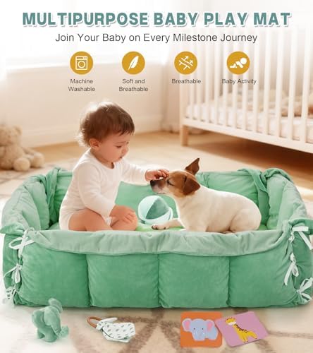 5-in-1 Baby Play Gym and Tummy Time Mat, 12 Learning Cards, Plush Activity Mat with 6 Toys, Baby Gym, Convertible to Ball Pit, Baby Gift, Sage Green - Image 6