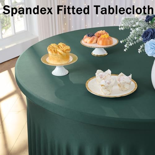 8 Pack Hunter Green Spandex Round Tablecloths for 72 inch Table, Stretchy 132inch Fitted 6FT Round Table Cloths, Wrinkle Free Table Cover with Skirt for Wedding Party Dining Banquet - Image 2
