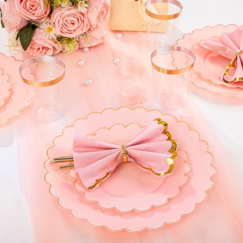 LIYH 210pcs Pink Gold Scalloped Plastic Plates, Elegant Party Dinnerware - Image 4