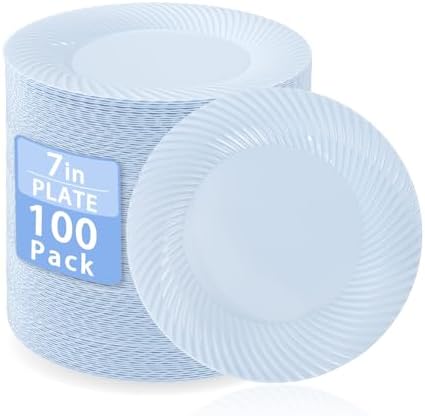IOOOOO 100 Pcs 7" Blue Plastic Dessert Plates, Fancy Blue Cake Plates by I00000