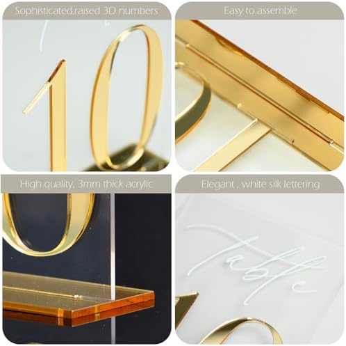 Acrylic Wedding Table Numbers 1-20 with Stands, 5"x7" Clear Acrylic Signs with 3D Gold Mirror Numbers, Clear and Gold 3D Table Numbers for Wedding Reception, Anniversary, Event - Image 3