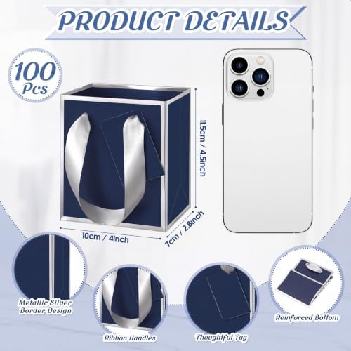 Yeaqee 100 Pcs Mini Paper Gift Bags with Handles Tag, Navy Blue,Silver - Image 2
