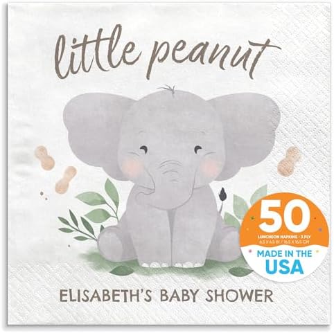 Big Dot of Happiness Personalized Elephant Napkins, Custom Little Peanut Baby Shower or First Birthday Party Decor, White 3-Ply Paper Luncheon Dinner Napkins - 50 Count by BigDotofHappiness
