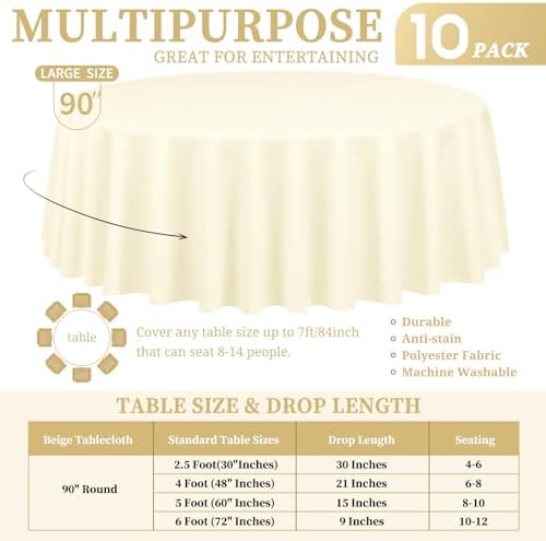 Showgeous 90 Inch Beige Round Tablecloths, Polyester Table Covers - Image 2